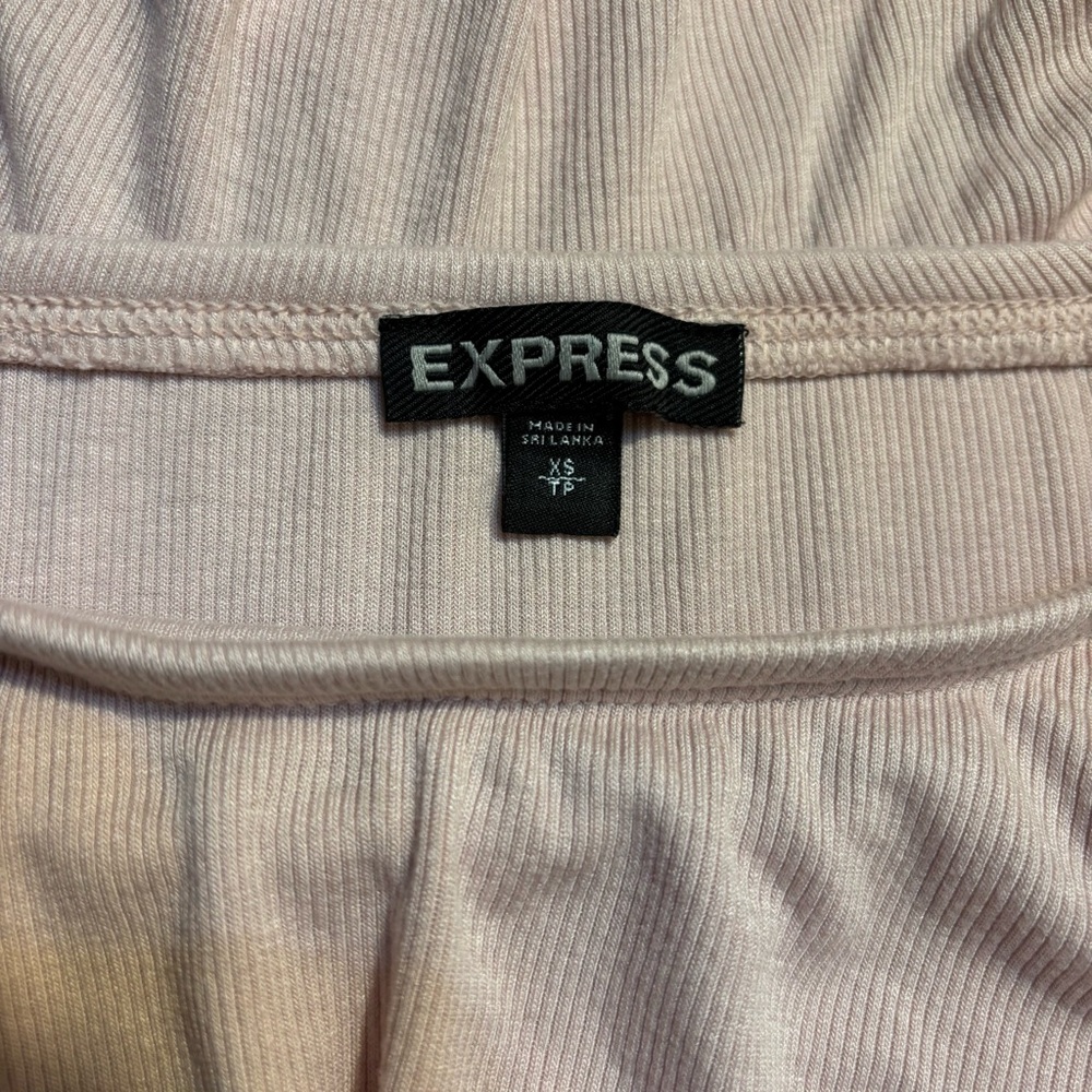 Express Bodysuit XS Ruffled Off-Shoulder Top Light Pink Ribbed Rayon Spandex - Picture 10 of 14